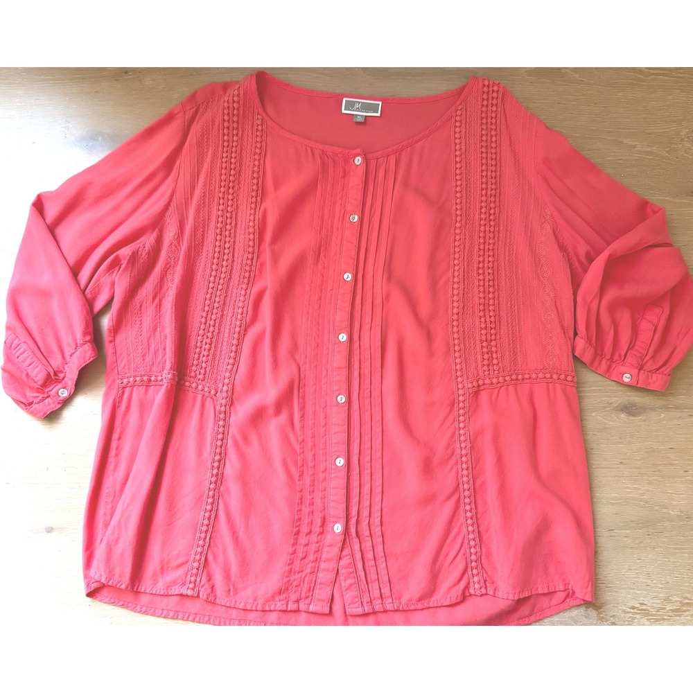 JM Collection Coral Red Blouse XL Crochet Lace Pintuck 3/4 Sleeve Rayon Top